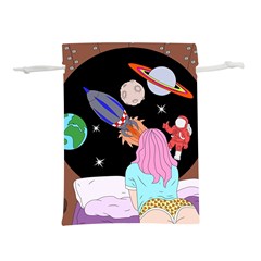 Girl Bed Space Planets Spaceship Rocket Astronaut Galaxy Universe Cosmos Woman Dream Imagination Bed Lightweight Drawstring Pouch (m) by Maspions