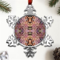 Pink On Brown Metal Small Snowflake Ornament by kaleidomarblingart