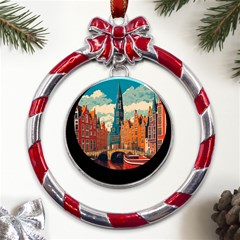 London England Bridge Europe Buildings Architecture Vintage Retro Town City Metal Red Ribbon Round Ornament by Maspions