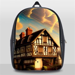 Village House Cottage Medieval Timber Tudor Split Timber Frame Architecture Town Twilight Chimney School Bag (xl) by Posterlux