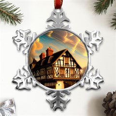 Village House Cottage Medieval Timber Tudor Split Timber Frame Architecture Town Twilight Chimney Metal Small Snowflake Ornament by Posterlux