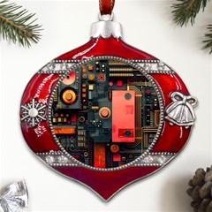 Tech Technology Pattern Metal Snowflake And Bell Red Ornament by Salmanaz77