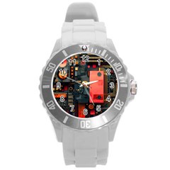 Tech Technology Pattern Round Plastic Sport Watch (l) by Salmanaz77