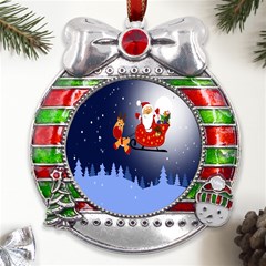 Deer Santa Claus Flying Trees Moon Night Merry Christmas Metal X mas Ribbon With Red Crystal Round Ornament by anzea