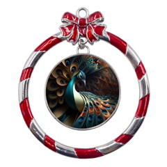 Colorful Peacock Bird Feathers Metal Red Ribbon Round Ornament by Apen