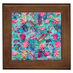 Pink On Blue Leaves Framed Tile by kyorashop23