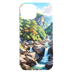 Serene Mountain Waterfall Landscape Iphone 15 Plus Black Uv Print Pc Hardshell Case by ExtraAwesomeSauce