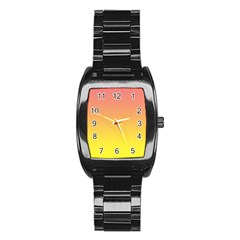 Coral Pink To Electric Yellow Linear Gradient Stainless Steel Barrel Watch by GradientsOmbre