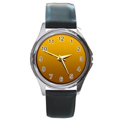 Amber Orange To Chocolate Brown Linear Gradient Round Metal Watch by GradientsOmbre